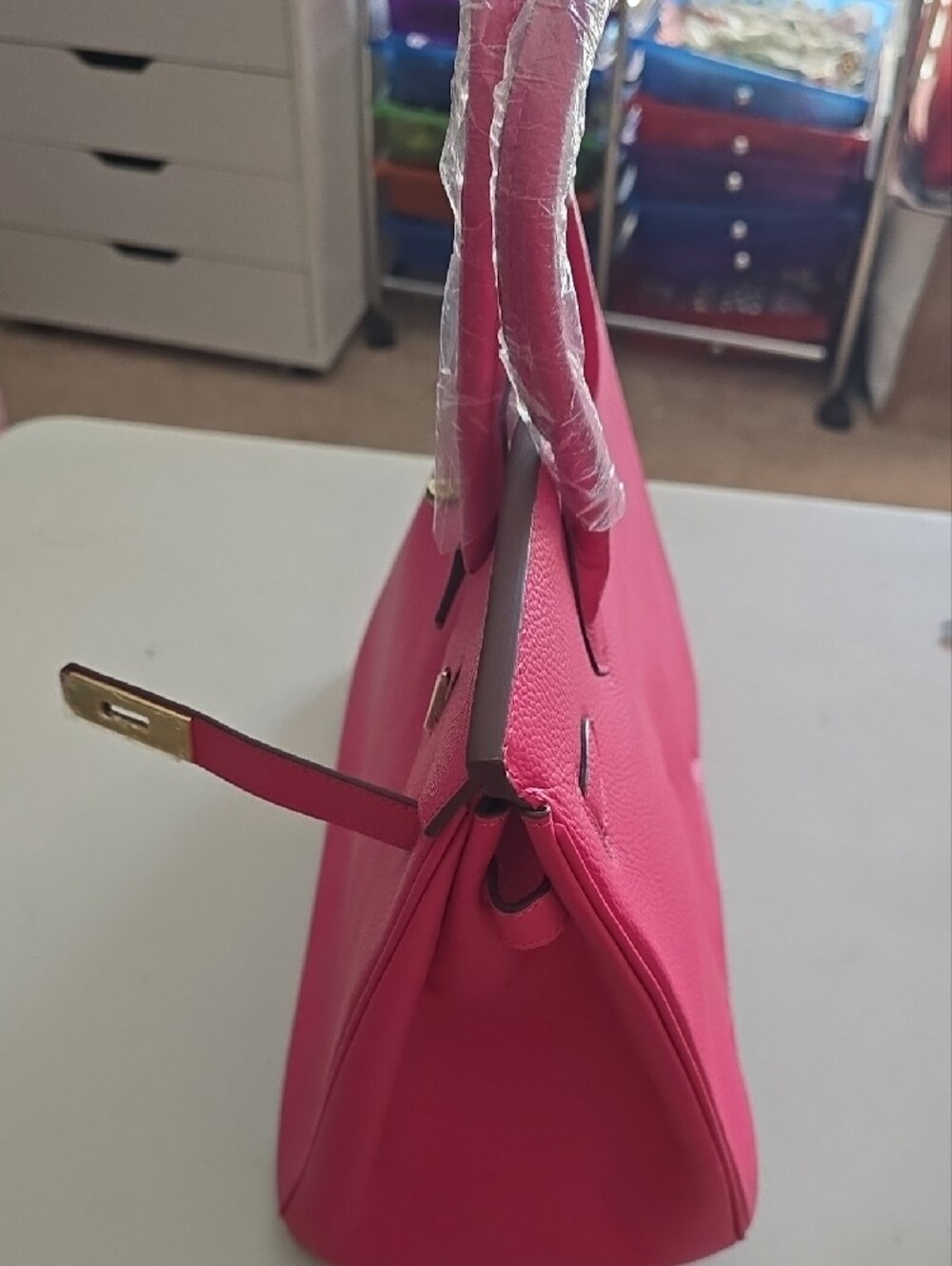 Women’s Hot Pink Structured Tote Bag with Gold Hardware - Picture 6 of 6